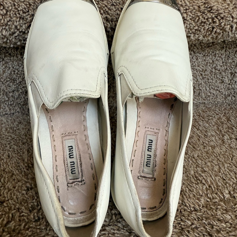 Miu Miu Cream Slip-On Flats with Silver Tips - Picture 13 of 16